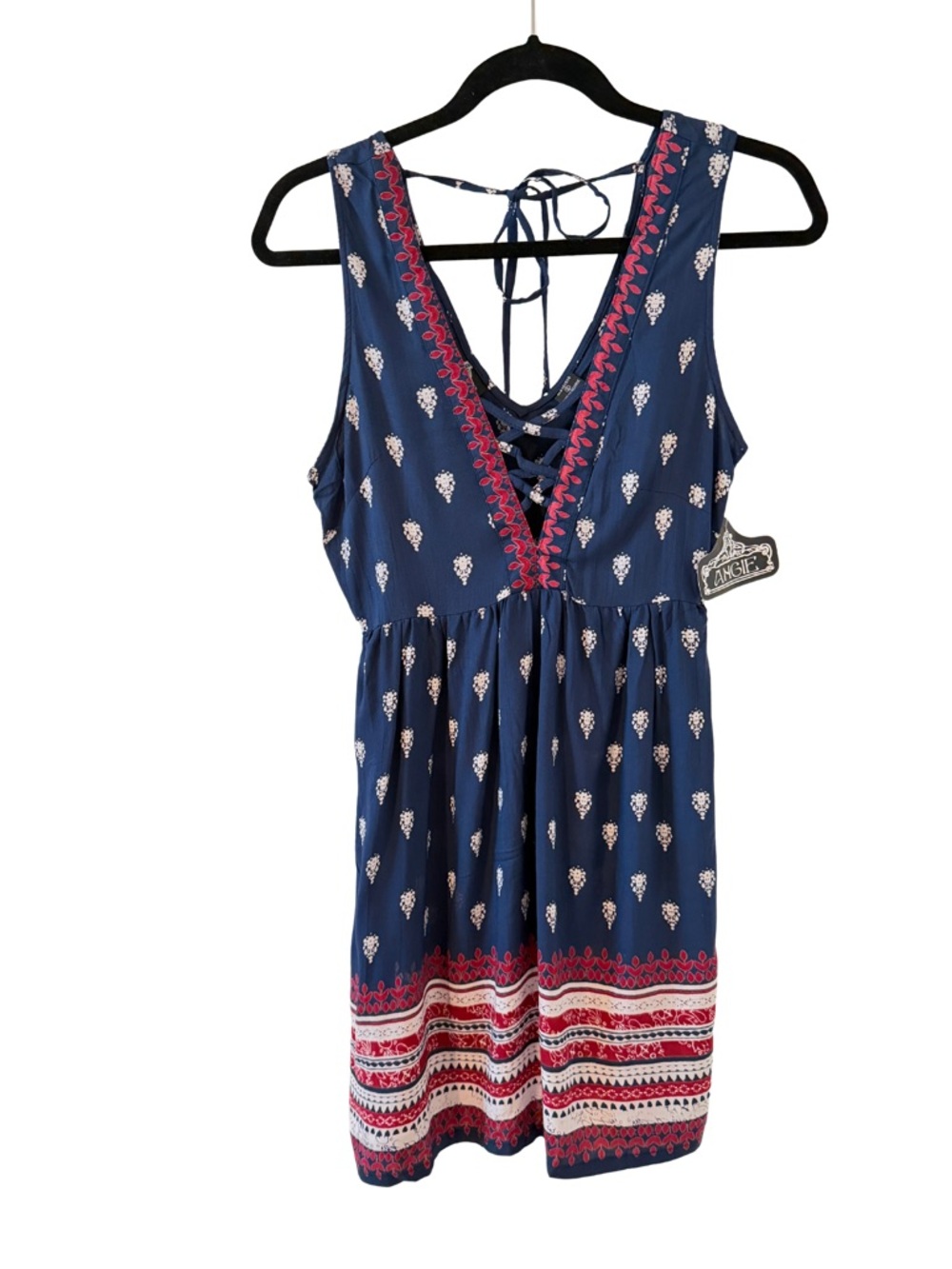 ANGIE Navy Blue White Red Patriotic Print Sleeveless Lace-Up Casual Dress NWT Sm